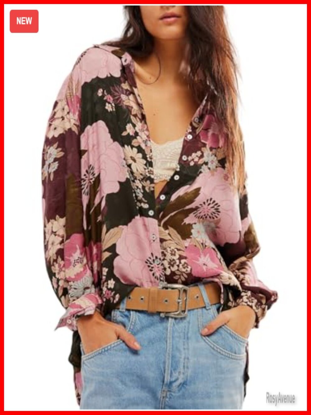 Boho Floral Button Down V-Neck Long Sleeve Blouse